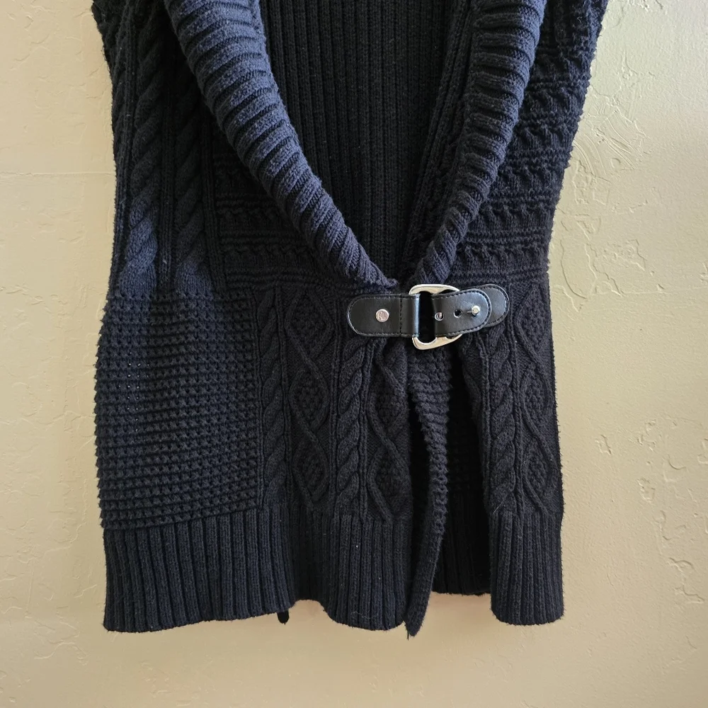 Lauren Ralph Lauren Black Chunky Cable Knit Equestrian Vest Bridle Detail - Picture 14 of 14
